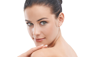 Image showing Happy woman, portrait and beauty with makeup, cosmetics or skincare on a white studio background. Face of young female person, brunette or model smile for cosmetology or facial treatment on mockup