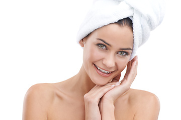 Image showing Woman, portrait and towel for beauty in studio with skincare, dermatology and hair care on a white background. Face of a young model or person with cloth for hygiene, bathroom routine or dermatology