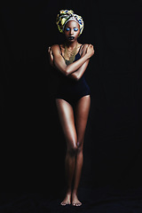 Image showing Fashion, cosmetics and black woman on dark background with head scarf, style and bodysuit. Confident, culture aesthetic and isolated African person with beauty, trendy accessories or makeup in studio