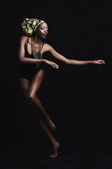 Image showing Fashion, beauty and black woman on dark background pose with confidence, style and pride. Culture, aesthetic and isolated African person with cosmetics, trendy accessories and makeup in studio