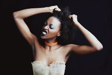 Image showing Beauty, hair care and frustrated black woman on dark background for hairstyle, texture and natural afro. Stress, salon crisis and angry African person with cosmetics, accessories and makeup in studio