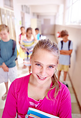 Image showing Child, friends and portrait in school hallway or classroom learning or students unhappy for lesson, knowledge or elementary. Girl, face and books or smile for education future in USA, campus or smart