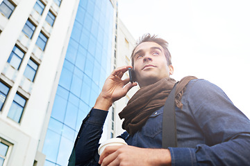 Image showing Man, smartphone and smile in city for phone call, conversation or networking in Los Angeles. Male person, technology and confidence with communication, contact and happy in morning from low angle