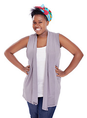 Image showing Happy, portrait and black woman with fashion or style in confidence on a white studio background. Face of African female person or model with smile in stylish clothing and standing with hands on hips
