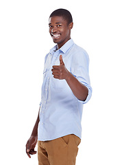 Image showing Happy, portrait and black man with thumbs up for good job, winning or thank you on a white studio background. Face of African male person with smile, like emoji or yes sign for OK, agree or approval