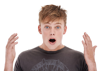 Image showing Man, portrait and surprised in studio for announcement or secret news for information, discount or mockup space. Male person, face and hands with omg shock or white background, emoji or mouth open