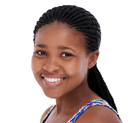 Image showing Woman, portrait and happy or confidence in studio with relax, good mood and positive attitude with braids hairstyle. African girl, person and face with smile, pride and wellness on white background