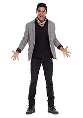 Image showing Man, fashion and jacket for studio portrait with excited smile, confidence or wow for open palm by white background. Person, model and trendy style with blazer for shock, surprise or happy with hands