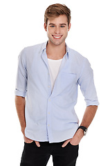 Image showing Man, shirt and fashion with studio portrait, smile and confidence with trendy style by white background. Person, model and jeans with clothes, happy or garments in casual outfit with pride in Sweden