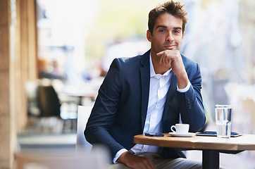 Image showing Happy, businessman and portrait outdoor at cafe or relax entrepreneur waiting at table with espresso. Professional, customer or person smile planning schedule at coffee shop with drink in morning