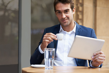 Image showing Businessman, portrait and tablet or coffee at cafe or online research or communication, internet or social media. Male person, espresso and city restaurant in Italy for work trip, networking or email