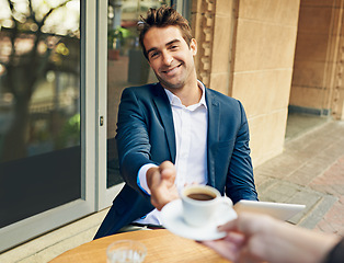 Image showing Businessman, waitress and hand or coffee as customer service for pov or outdoor cafe or restaurant, relax or caffeine. Male person, smile and drink giving on street in Italy, hospitality or consumer