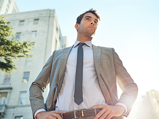 Image showing Businessman, city and buildings with thinking for opportunity, career or accounting in Los Angeles. Professional man, vision and entrepreneur with confidence for planning, mindset and ambition