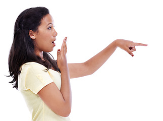 Image showing Pointing, surprise or woman shocked by announcement isolated on transparent on white background. Wow, wtf or person in studio covering mouth for advertising, marketing or fake news for mockup space