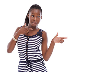 Image showing Pointing, notification or black woman by announcement isolated on transparent on white background. Show, promo or person in studio covering mouth for advertising, marketing or news for mockup space