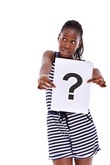 Image showing Question mark, confused or black woman with sign or doubt for decision, ideas or problem solving in studio. Thinking, person or African model with why review on paper for solution on white background