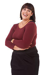 Image showing Happy woman, portrait and friendly brunette with arms crossed in fashion on a white studio background. Face of excited or confident female person or plus size model with smile in formal clothing