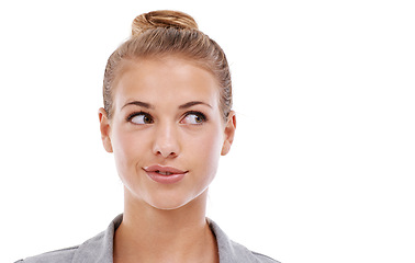 Image showing Woman, face and thinking of idea in studio for problem solving, contemplating or wondering on mockup space. Person, thoughtful or daydreaming with confidence, solution or decision on white background