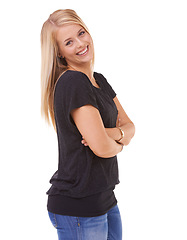 Image showing Happy, portrait and woman with arms crossed and fashion in studio, white background or mockup. Casual, style and college student smile with confidence and pride in trendy outfit with denim jeans