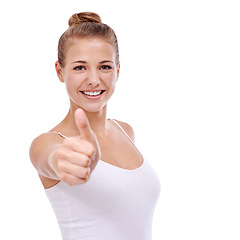 Image showing Portrait, thumbs up or happy woman in studio for beauty or approval isolated on white background. Success, winning or confident person with okay hand gesture or emoji for agreement, like or thank you