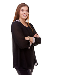 Image showing Happy woman, portrait and confidence of brunette standing with arms crossed in fashion on a white studio background. Face of confidence female person or model with smile or posing on mockup space