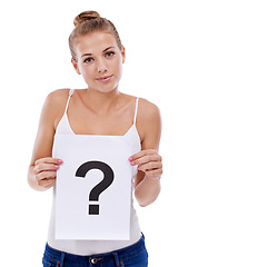 Image showing Question mark, portrait or woman with sign or doubt for decision, ideas or problem solving in studio. Confused, mockup space or female model with why icon or board for solution on white background