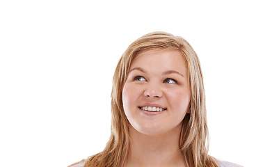 Image showing Woman, face and thinking or decision in studio with problem solving, contemplating and smile on mockup space. Person, thoughtful or daydreaming with confidence, solution and happy on white background