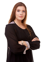 Image showing Woman, portrait and confidence of brunette standing with arms crossed in fashion on a white studio background. Face of confident female person or young model posing for career or job on mockup space