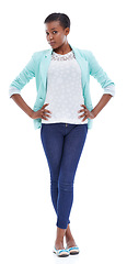 Image showing Portrait, fashion and style with confident black woman in studio isolated on white background. Model, clothes and trendy with serious or proud young person in outfit for attitude and confidence
