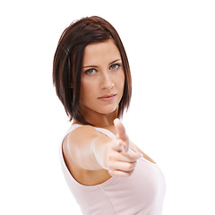 Image showing Angry, woman and portrait with finger gun pointing in threat or warning on white background in studio. Shooting, weapon and serious gesture with hand and person acting as a spy or agent on mockup