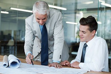 Image showing Boss, consultant and architect with building design, plan and vision for expanding in office for space. Executive, employer and businessman at desk, company and meeting for revamp idea in company