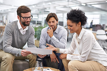 Image showing Happy, business people and thinking with documents in meeting, decision or planning at office. Young group of employees with paperwork in teamwork, finance or budget for financial plan at workplace