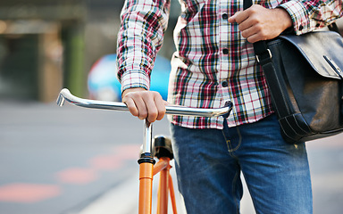 Image showing Hands, person and push bicycle in street to travel on eco friendly transport outdoor, commute or walking on trip. Cycling, bag and bike in urban town, city or road for journey on sidewalk in summer