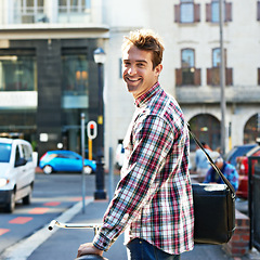 Image showing Portrait, happy man and push bicycle in street to travel on eco friendly transport outdoor, commute or walk. Cycling, person and bike in urban town, city and road for journey on sidewalk in Canada