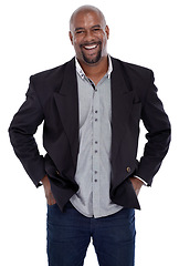 Image showing Business man, fashion and portrait in studio with smile, pride and confidence in trendy jacket by white background. African entrepreneur, person and happy in blazer, jeans and edgy clothes in Kenya