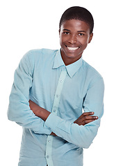 Image showing Happy, portrait and confident black man with positive attitude on a white studio background. Face of young African, male person or model with smile and arms crossed in confidence for fashion or style