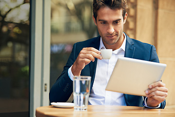 Image showing Businessman, reading and outdoor at cafe with tablet for news, article or internet research in London. Online, communication and drink espresso with tech for social media and scroll blog on website