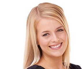 Image showing Portrait, hair care or blonde in studio with model for cosmetics isolated on white background. Happy face, transformation or proud person in Ireland with smile for shine, treatment or beauty results