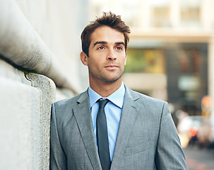 Image showing Thinking, idea and businessman in city with brainstorming, planning or memory facial expression. Remember, suit and handsome professional male accountant with confidence outdoor in urban town.