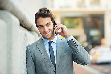 Image showing Lawyer, outdoor and man with phone call in city to client with networking communication and contact. Attorney, smile or businessman with smartphone at court or law firm in London for consultation