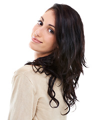 Image showing Woman, face and beauty with hair in studio, positivity and pride with salon treatment for change on white background. Portrait, shine and texture with smile, facial and natural cosmetics for haircare