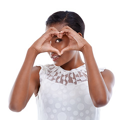 Image showing Heart, hands and black woman with sign for love or charity, wellness and support with emoji on white background. Icon, donation and romance gesture with shape, thank you or feedback with reaction