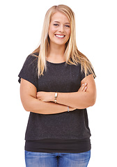 Image showing Happy woman, portrait and blonde standing in confidence with arms crossed in fashion on a white studio background. Face of confident female person or casual model with smile and positive attitude