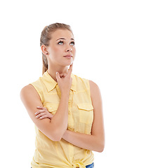 Image showing Woman, face and thinking or decision in studio for problem solving, contemplating or wondering on mockup space. Person, thoughtful or daydreaming with confidence, solution or hand on white background