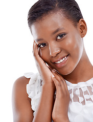 Image showing Portrait of black woman, facial or skincare for dermatology, beauty or cosmetics for healthy glow in studio. Confidence, results or African model with natural shine or wellness on white background