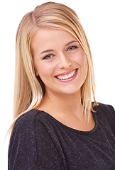 Image showing Portrait, hair care or blonde in studio with happy woman for cosmetics isolated on white background. Model, transformation or proud person in Ireland with smile for shine, treatment or beauty results