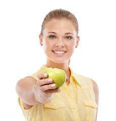 Image showing Offer, apple or portrait of happy woman giving a healthy choice isolated on white background. Nutrition vitamins, smile or female person in studio with fruit or food for fiber, detox diet or wellness