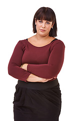 Image showing Woman, portrait and serious brunette standing with arms crossed in formal fashion on a white studio background. Face of confident female person or plus size model posing in career or creative startup