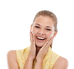 Image showing Woman, hands on face and beauty with happiness in studio, positivity and pride with skincare on white background. Touching skin, glow and wellness with smile in portrait, facial and natural cosmetics