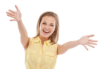 Image showing Portrait, woman or excited for news with outstretched hands or celebration for winning bonus prize. Model, arms out or face of happy female person in studio isolated on white background with smile